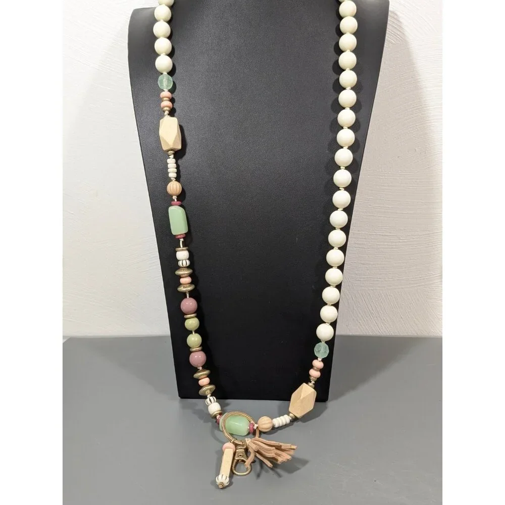 Plunder Boho Beaded Tassel‎ ID Badge Holder Cream Green Long Necklace 38 in